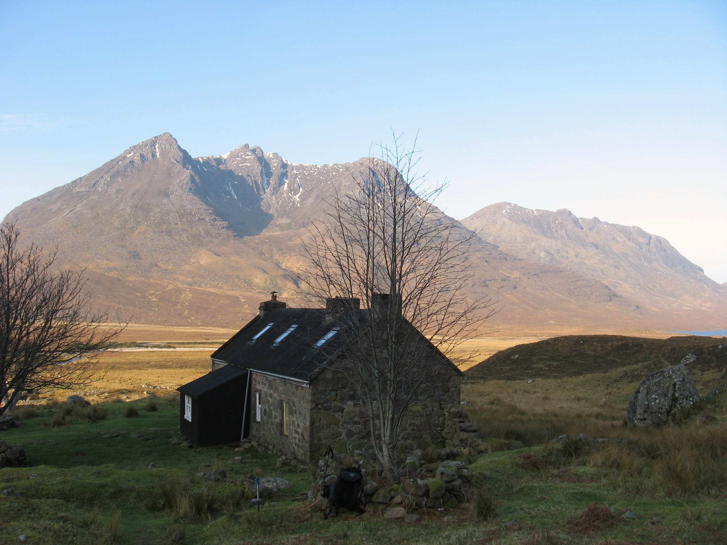 HOME COMFORTS: The much-used Shenavall Bothy with Beinn Dearg Mhor and Bheag in the background