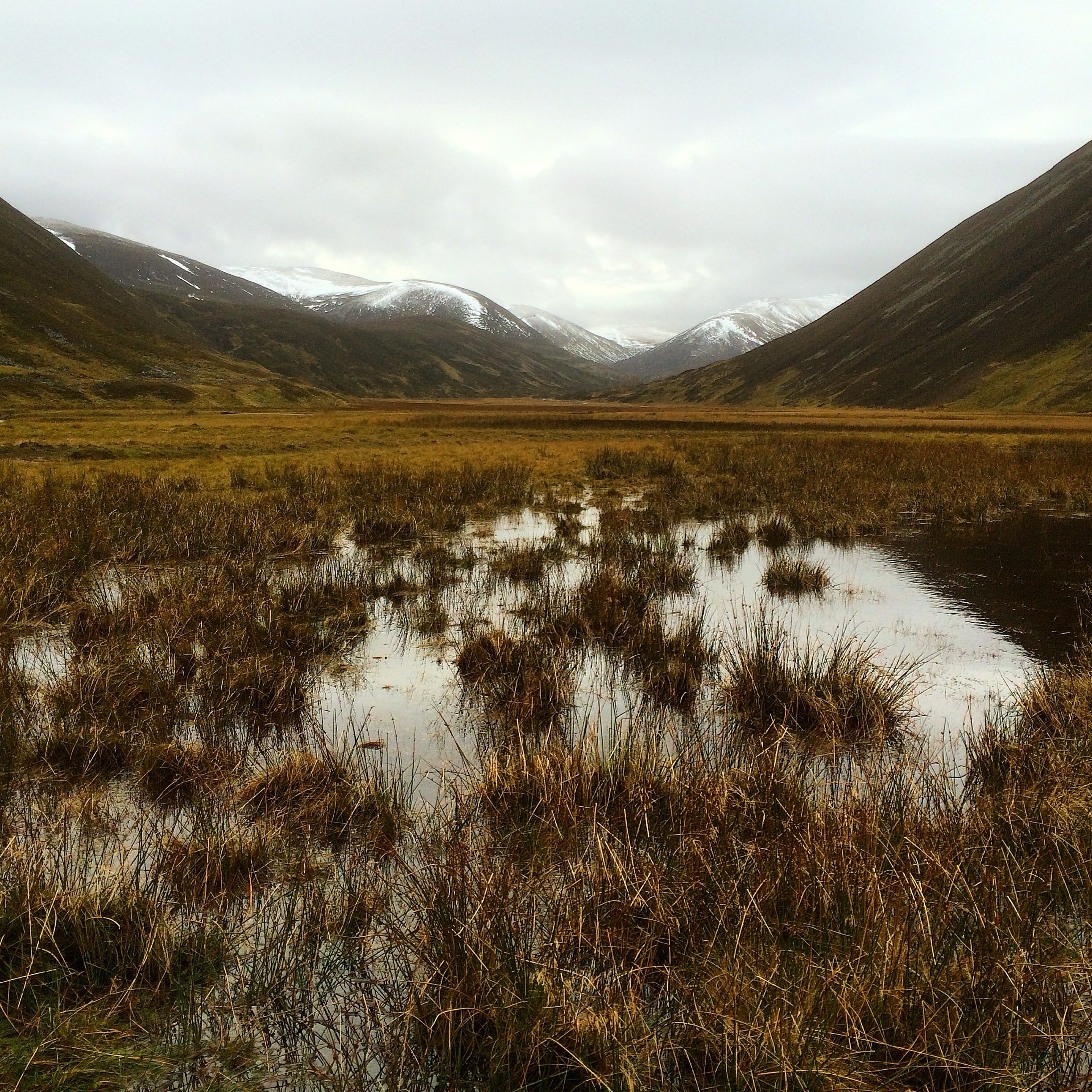 EY WITNESS: Looking up the empty terrain of Glen Ey to snow-capped Beinn Iutharn Mhor and its satellite peaks