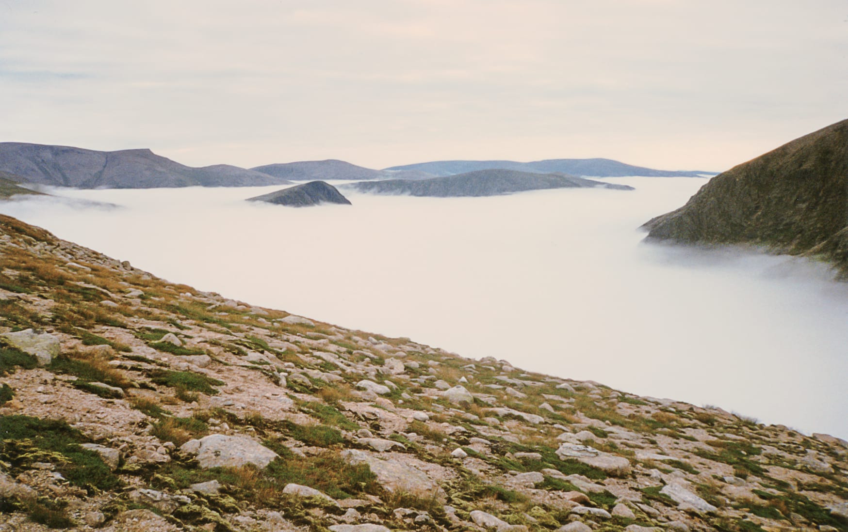 NEAR MIST: Above the sea of cloud on Monadh Mor heading for Beinn Bhrotain after almost losing my way in the featureless terrain below