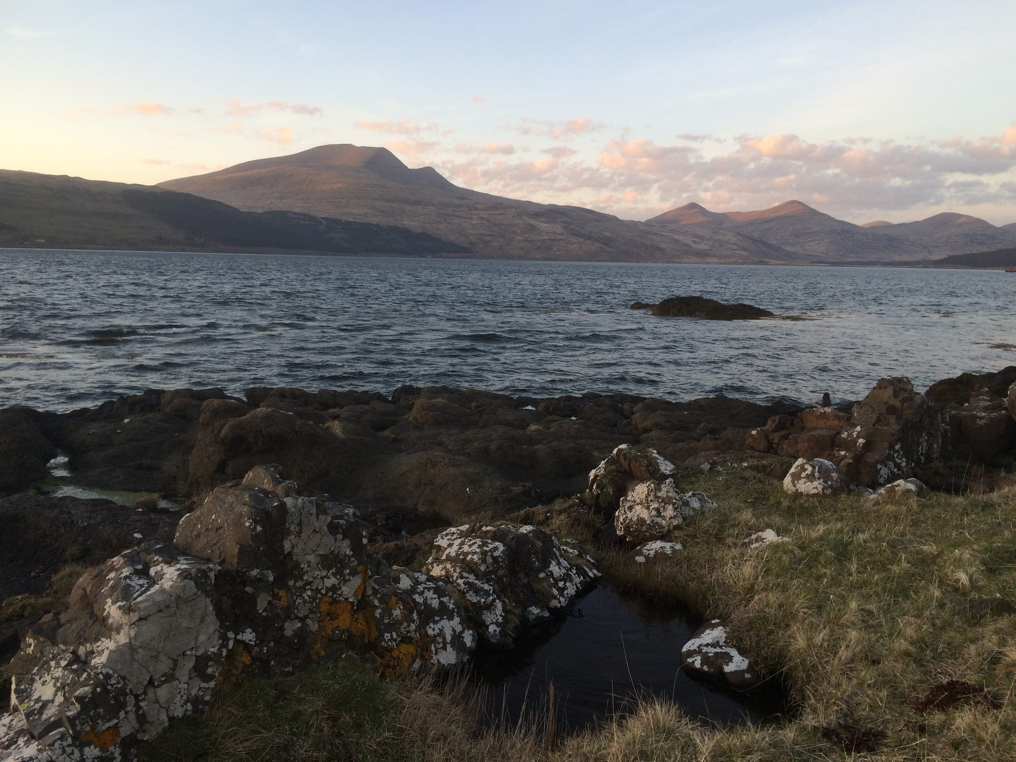 TWILIGHT VIEW: Mull's Munro, Ben More, in the evening light from our wild camp on the shores of Loch Sgridain
