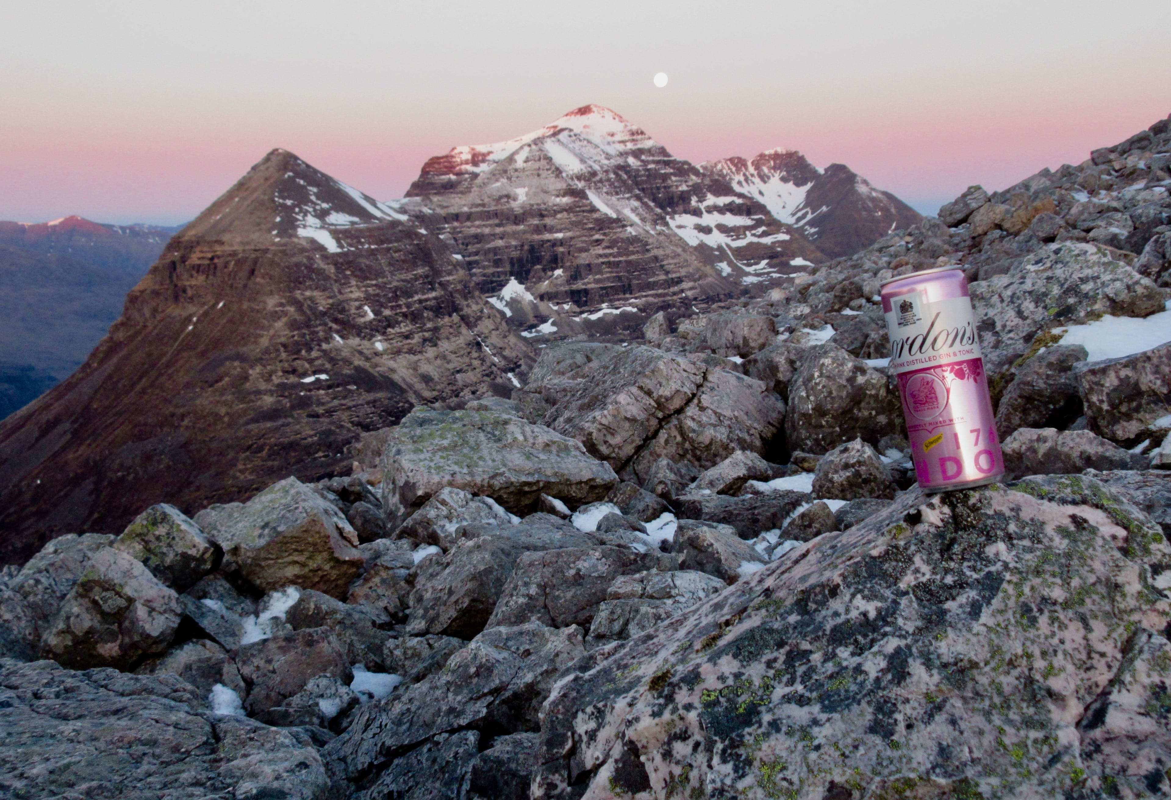 G & T (Gin and Torridon, that is): Pink gin for the Pink Moon ascent with Liathach adding to the mood