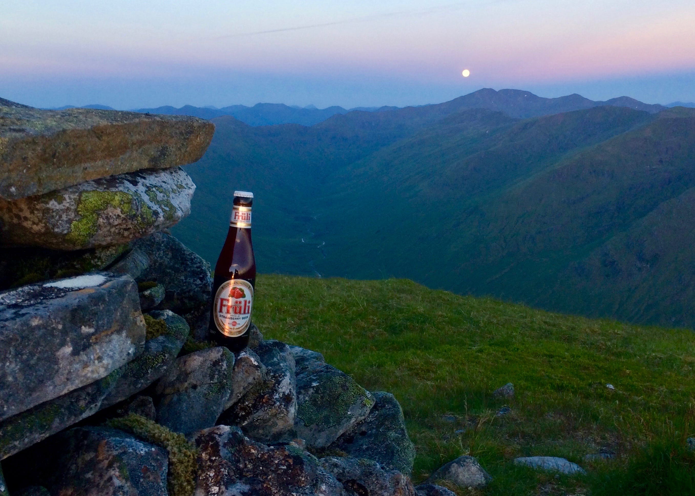 SUMMIT CHEERS: Strawberry Beer for the Strawberry Moon – looking from Beinn Fhionnlaidh over Mullach na Dheiragain