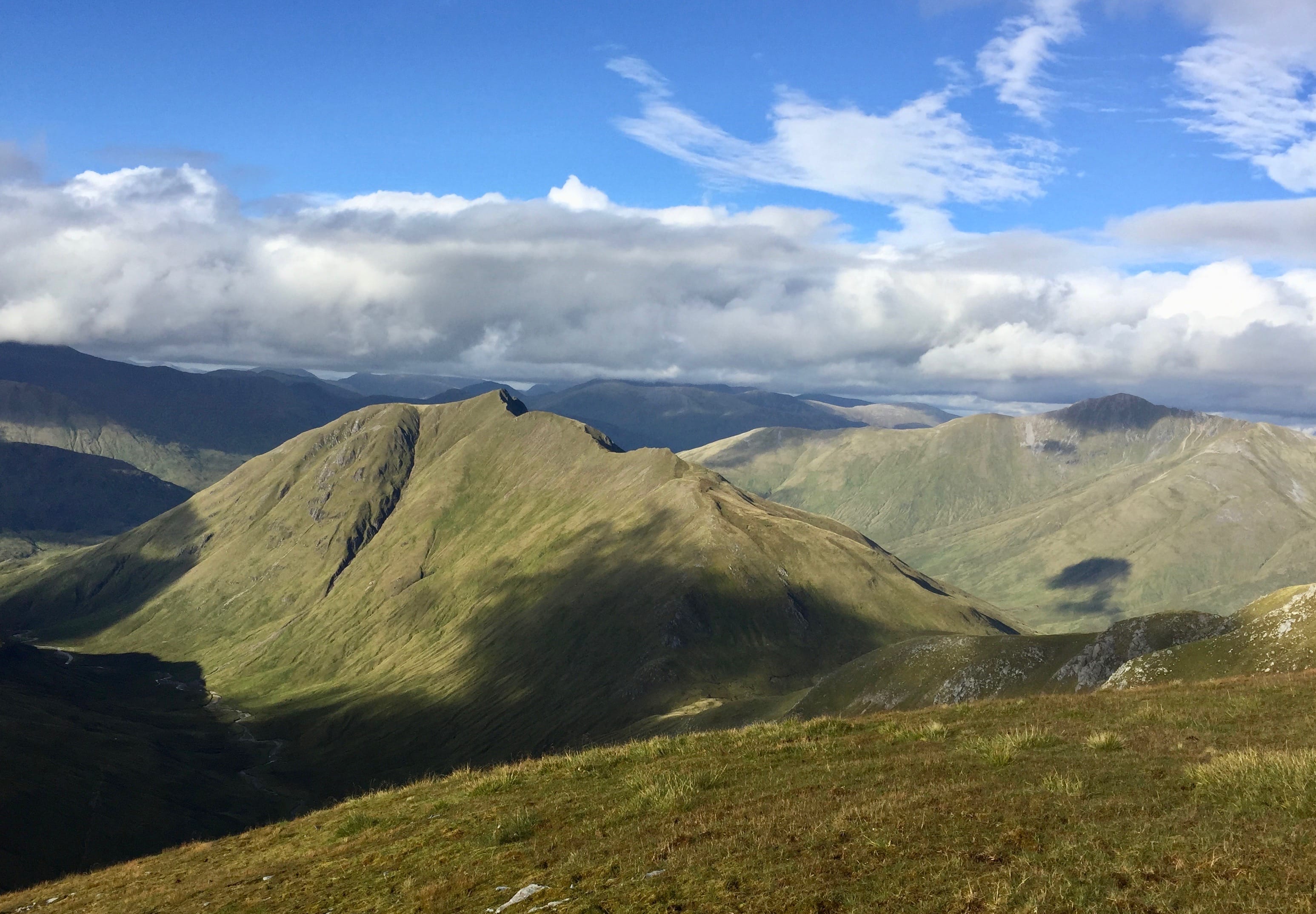 NIGHT LIGHT: Evening sun on the sea of peaks to north of Aonach Meadhoin with Ciste Dhubh centre stage