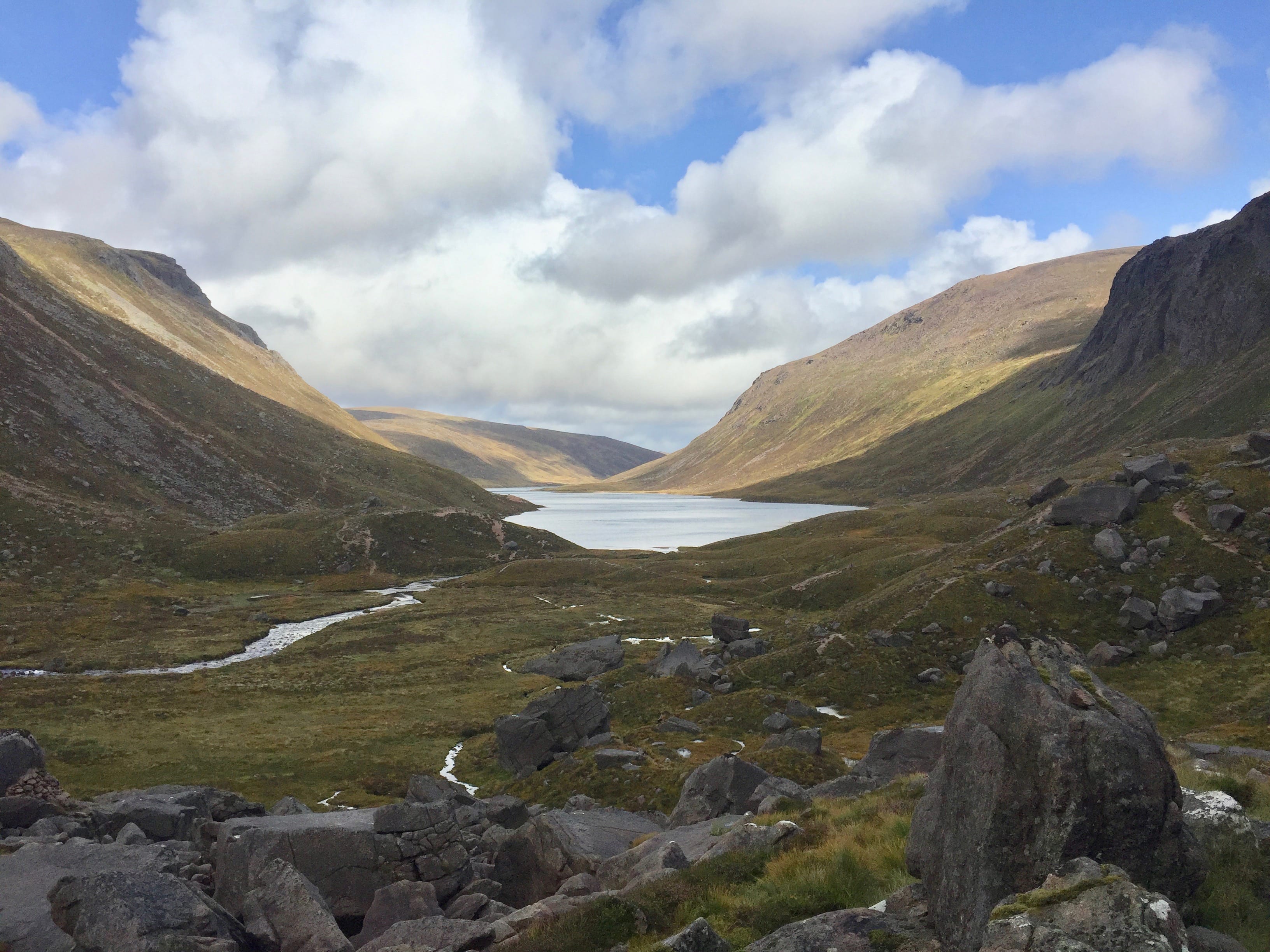 HEART OF THE MATTER: Stunning Loch Avon stretches into distance from our seat under the massive Shelter Stone