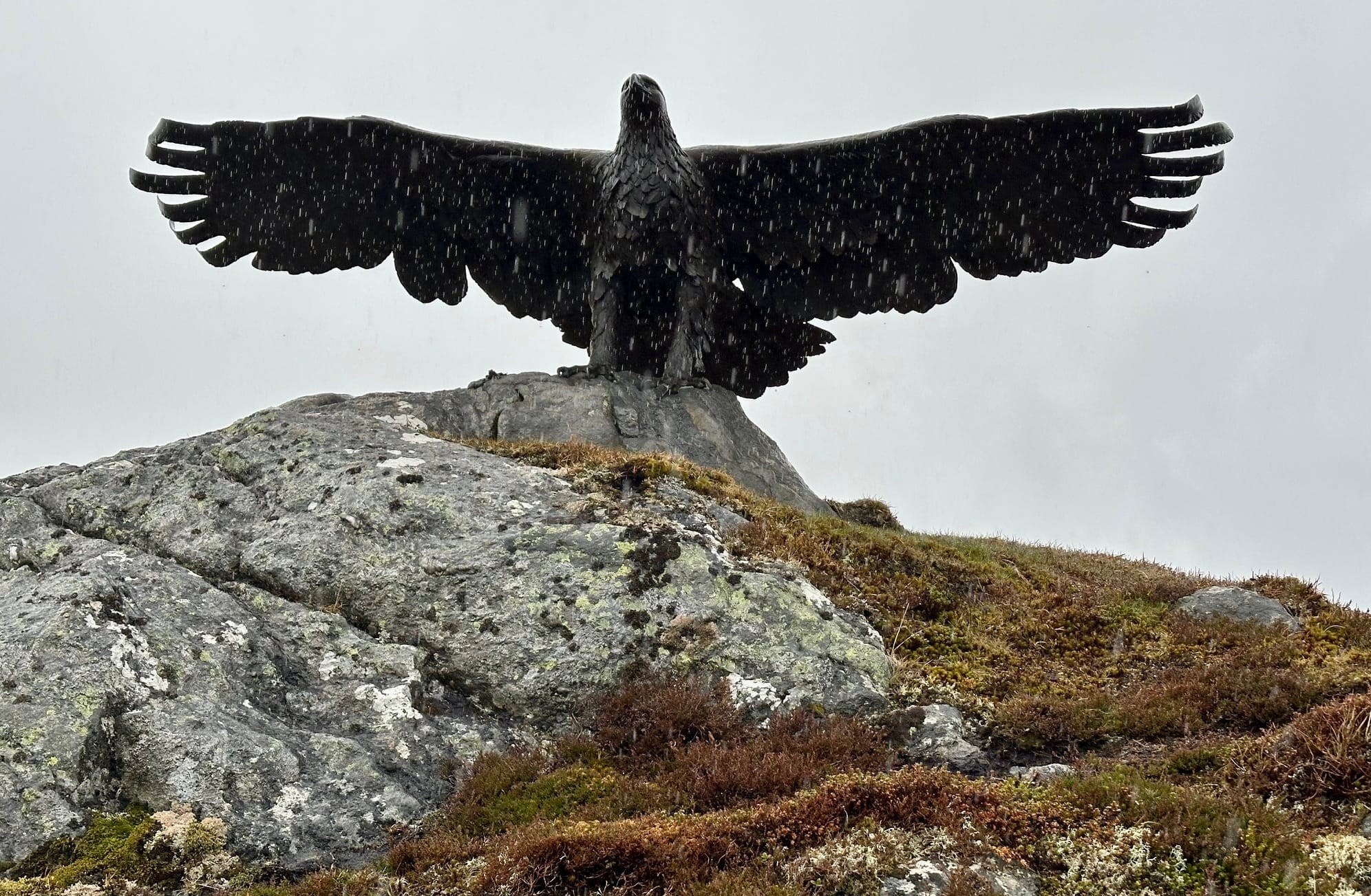 THE EAGLE HAS LANDED: The impressive sculpture of a golden eagle with wings spread overlooks reservoir behind Carn a' Chuilinn